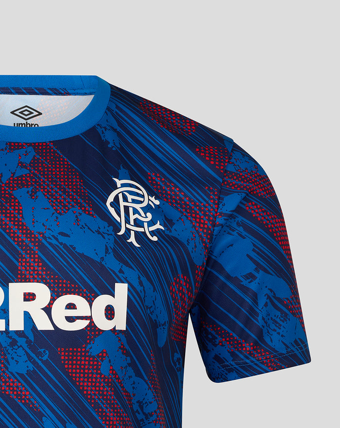 Detail shot of Rangers crest and 32Red sponsor on blue Armed Forces Day tee