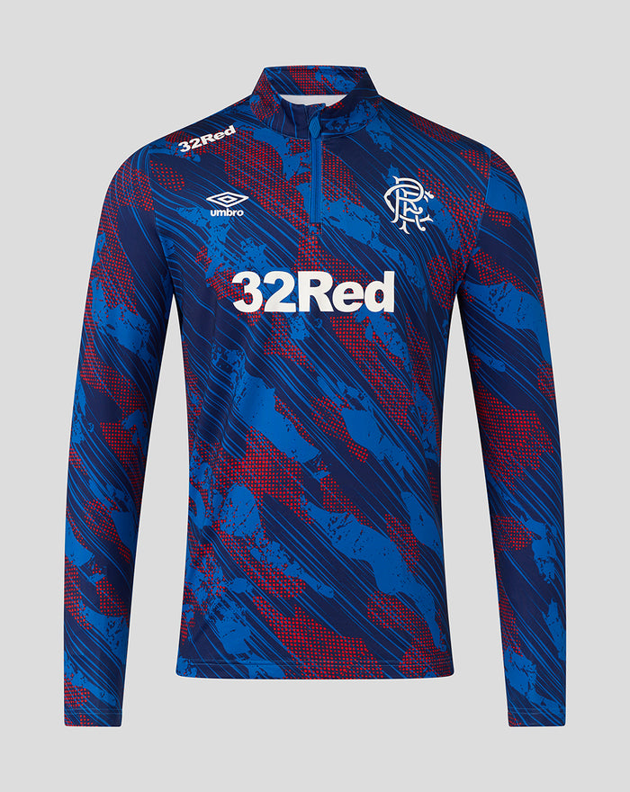 Mens Rangers Armed Forces Day long sleeve midlayer with funnel neck and quarter zip in bold blue red print.