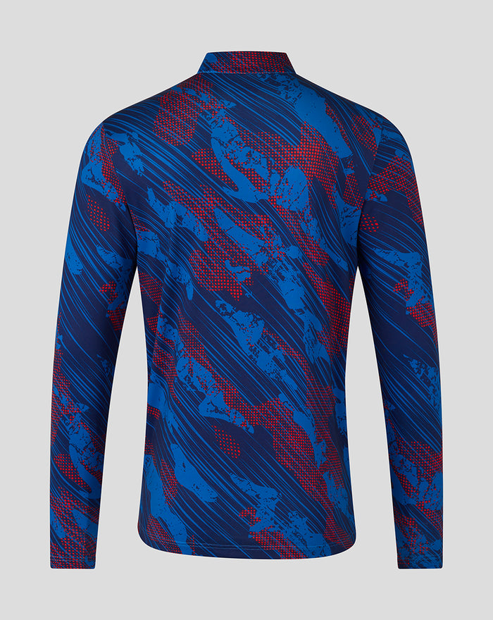 Back view of Rangers Armed Forces Day midlayer top with blue red print and funnel neckline