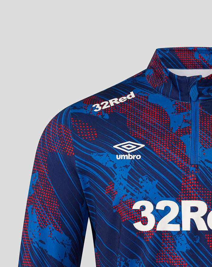 Shoulder close up of Rangers Armed Forces Day top showing 32Red sponsor and Umbro diamond on blue red print