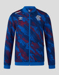Front view of men's Armed Forces Day Walk Out Jacket in blue with red abstract print and Rangers crest.
