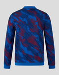 Back view of Rangers Armed Forces Day Walkout Jacket in blue with red abstract multi terrain print across back and sleeves