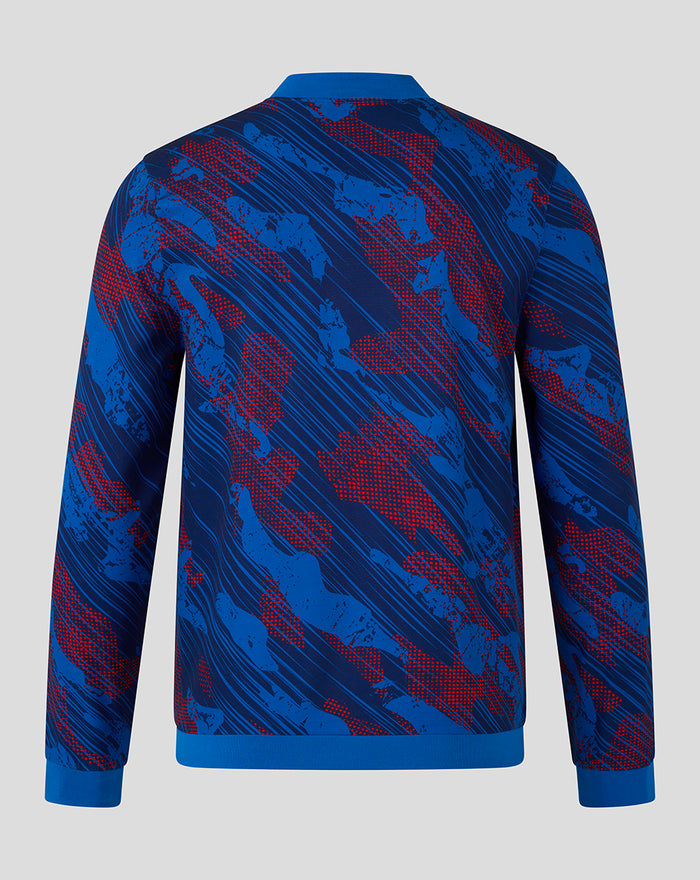 Back view of Rangers Armed Forces Day Walkout Jacket in blue with red abstract multi terrain print across back and sleeves