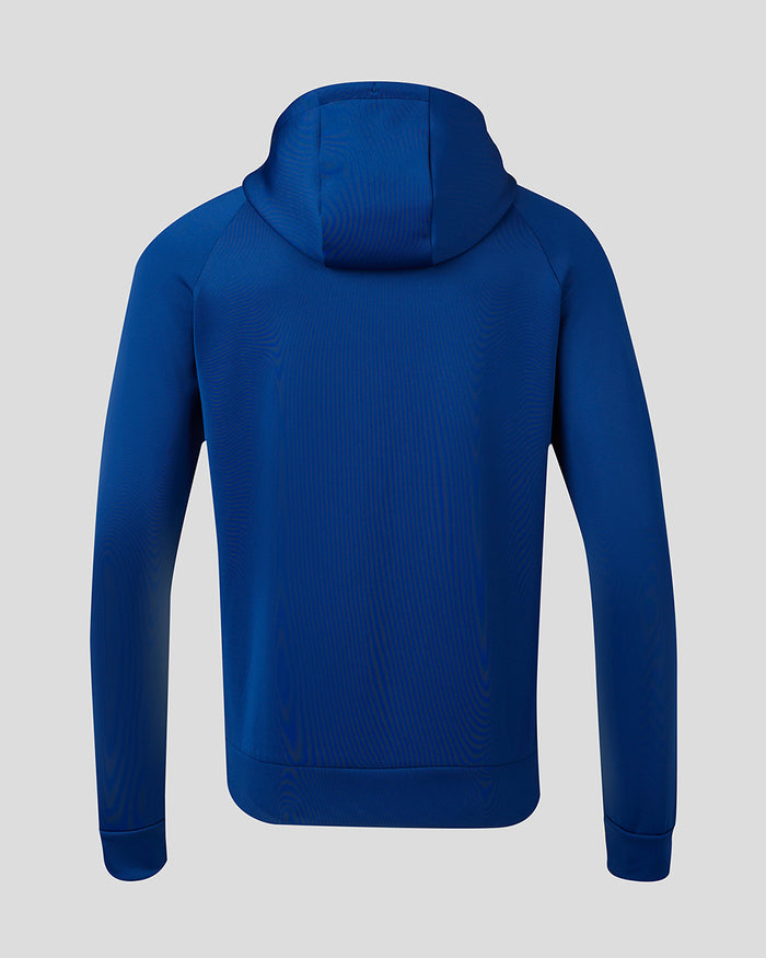 Back view of blue Rangers FC travel hoodie with hood up and no visible chest logo.