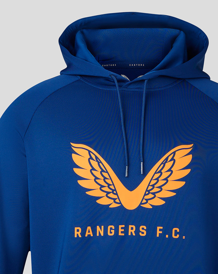 Blue travel hoodie front view featuring bold orange wing logo and Rangers FC text.