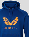 Blue Rangers FC travel hoodie close up of front chest with orange wing logo and kangaroo pocket.