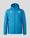 Front view of blue training bench jacket with hood, club crest on left chest and Castore logo on right, full zip.