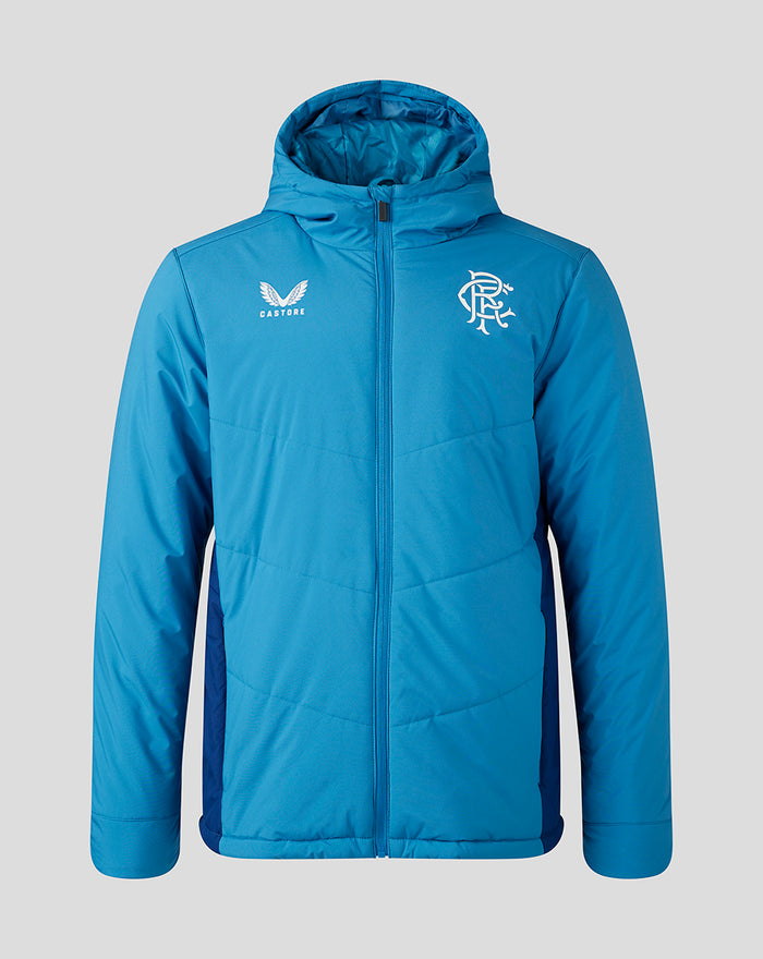 Front view of blue training bench jacket with hood, club crest on left chest and Castore logo on right, full zip.