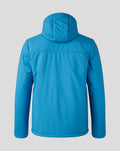 Back view of blue training bench jacket with hood, visible shoulder and back yoke panels.