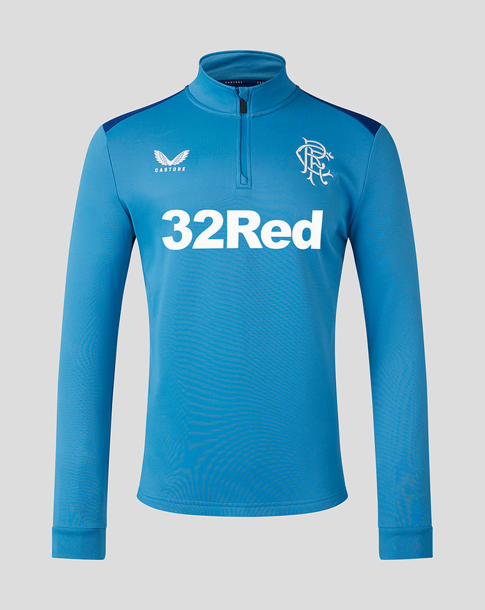 Front view of blue Rangers training fleece with 32Red sponsor, club crest on left chest and Castore logo on right chest
