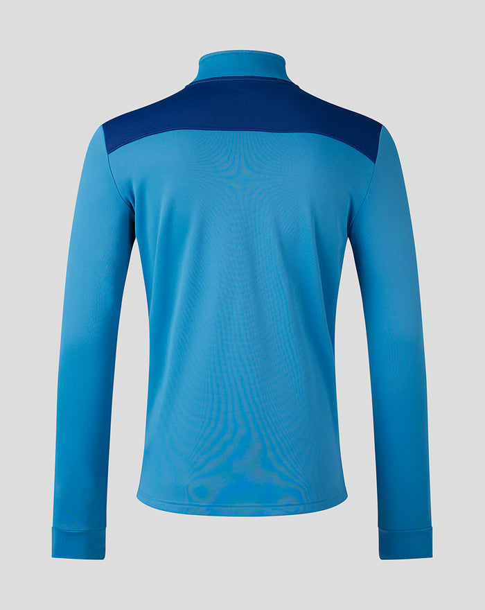 Back view of blue training fleece with dark navy shoulder panel across the upper back