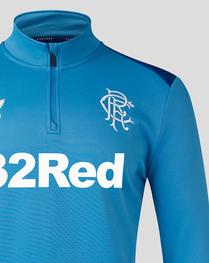 Close-up of blue Rangers training fleece chest area showing zip collar crest and 32Red sponsor