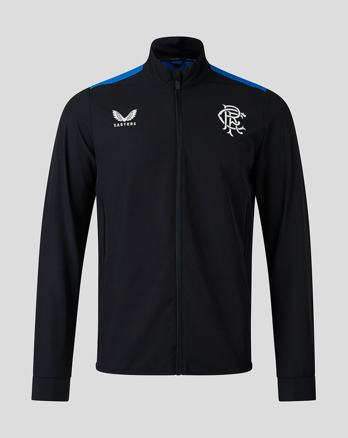 Front view of black and blue Rangers training jacket with blue shoulder panels and white crest on the chest