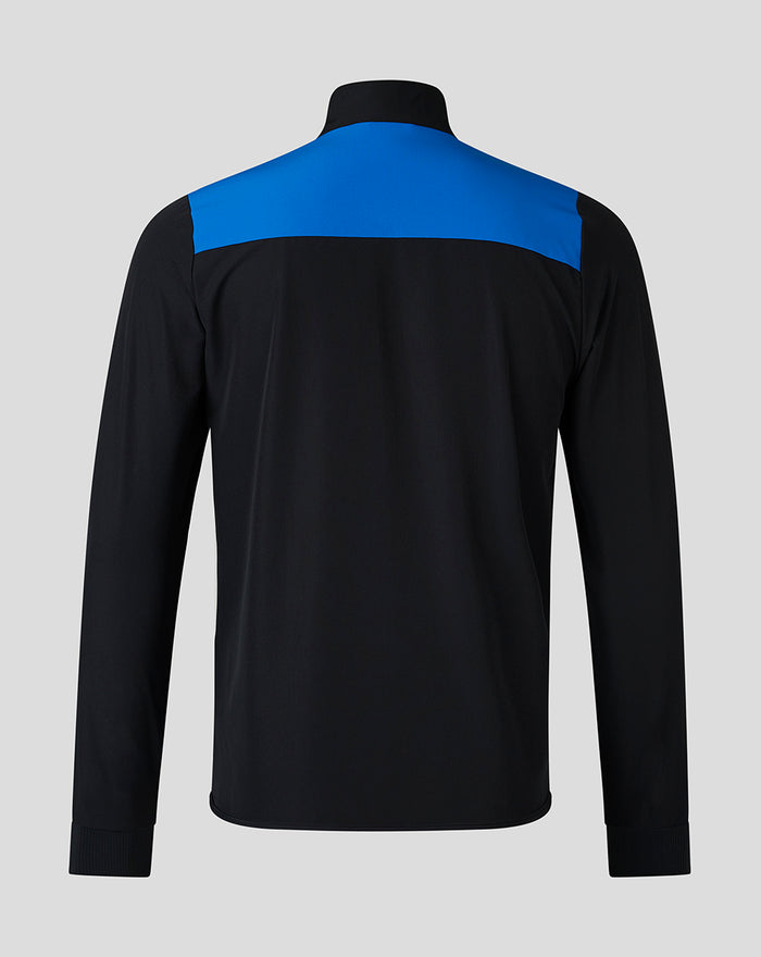 Back view of Rangers Pro Training Anthem Jacket in black with a blue upper yoke panel
