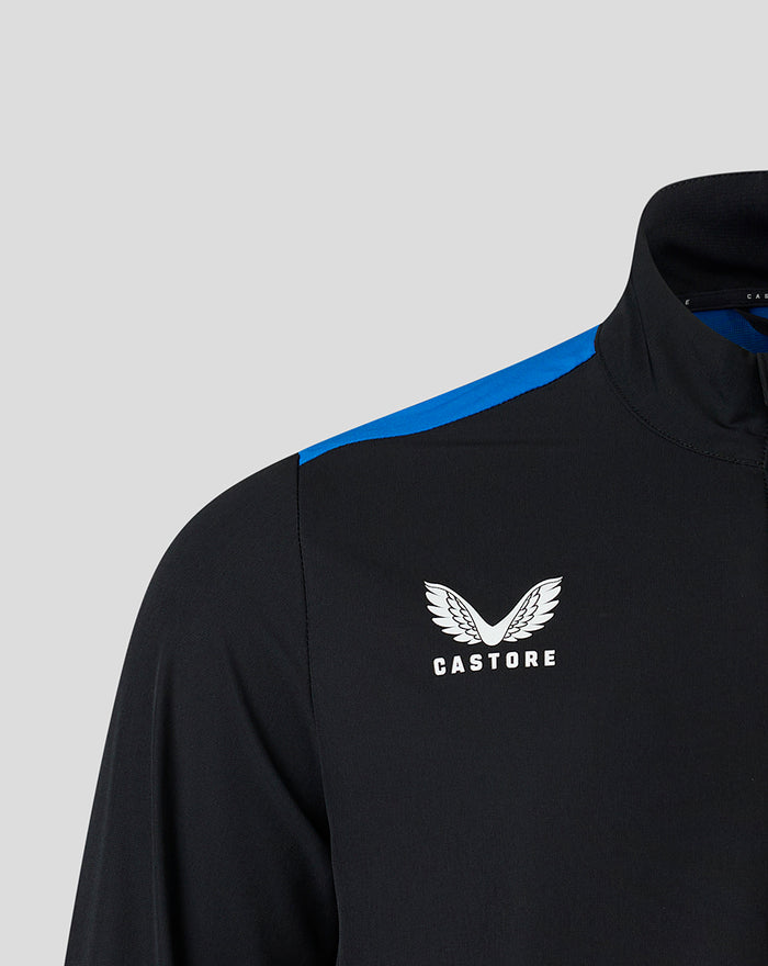 Shoulder and chest area of black Anthem Jacket with blue stripe and Castore logo