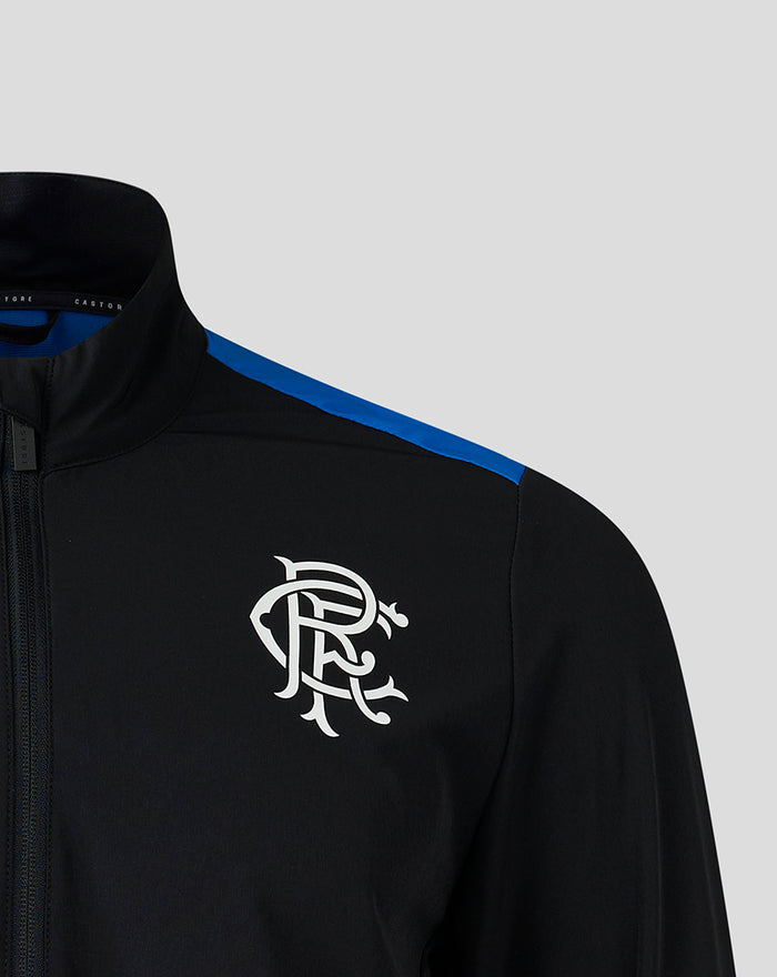 Close up of Rangers Anthem Jacket showing blue shoulder stripe and Rangers crest on chest