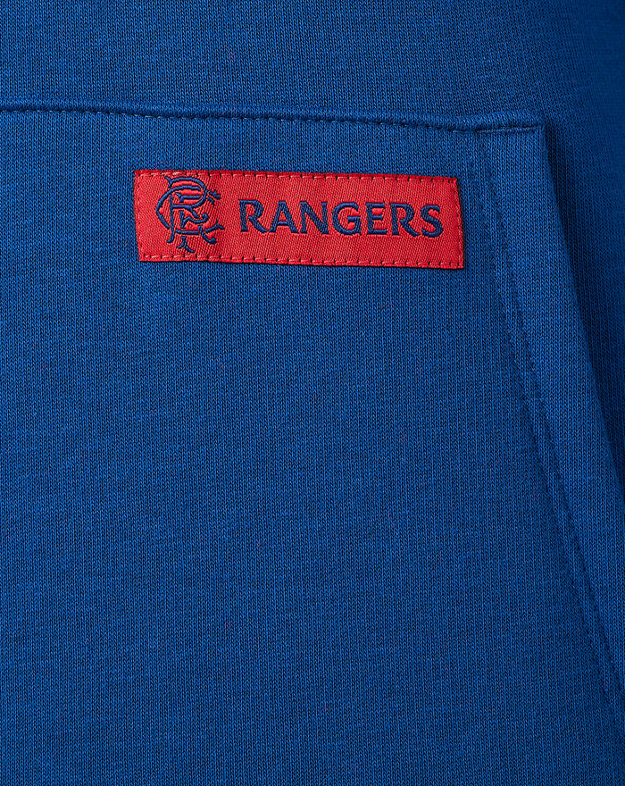 Blue fleece hoodie fabric with a red Rangers woven patch