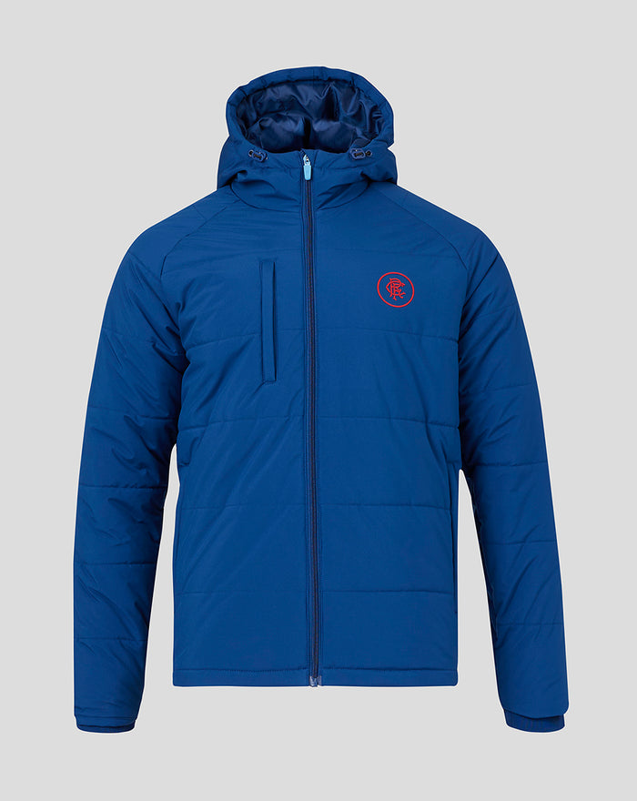 Blue men's Rangers Puffer Jacket front view with hood, full zipper, and red crest on the left chest