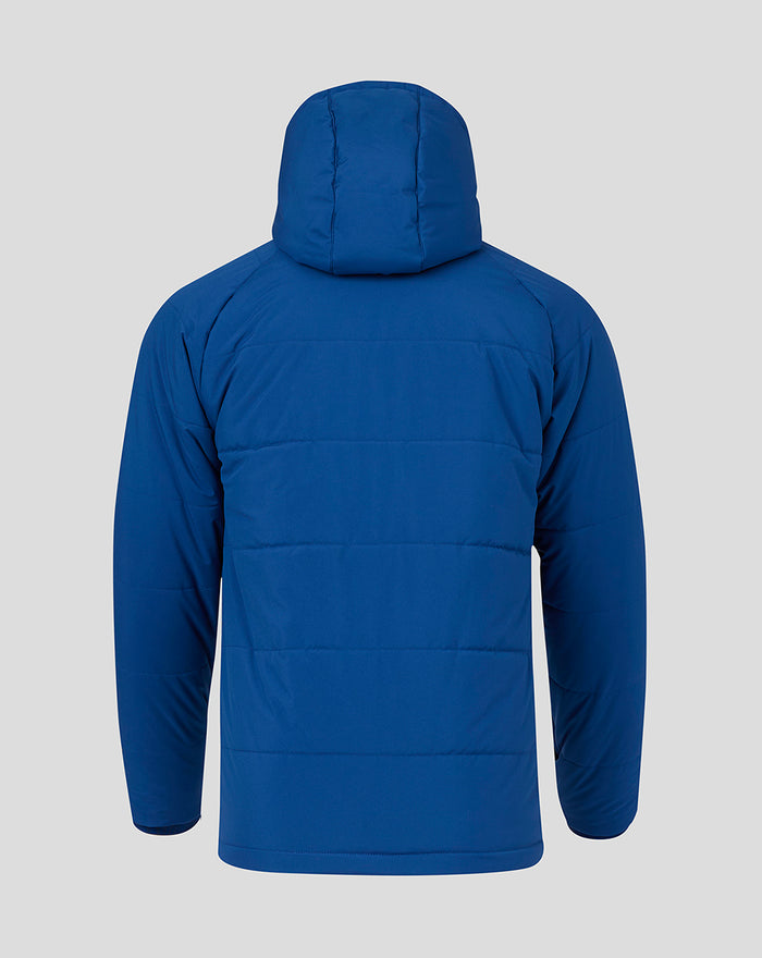 Back view of blue hooded puffer jacket