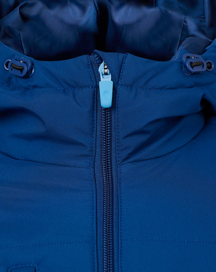 Detail of zipper area and chest crest on blue Rangers Puffer Jacket