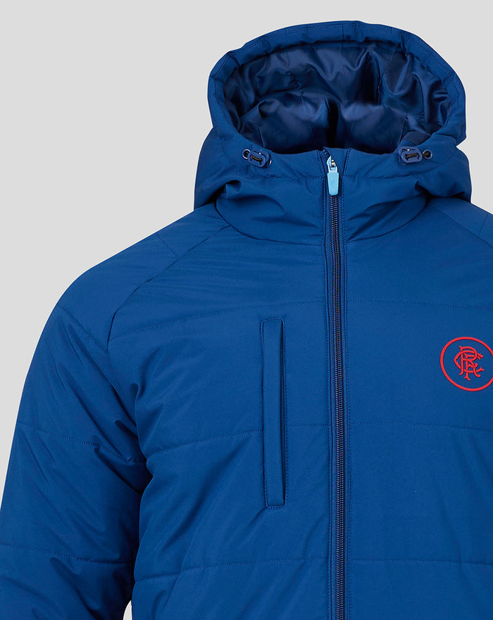 Close up of blue Rangers Puffer Jacket hood with drawstring toggles and chest crest