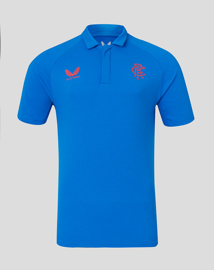Blue men's polo shirt with red club crest and Castore branding on the chest.