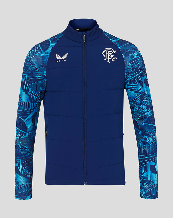 Rangers City Print Hybrid Jacket with quilted front, blue city pattern on sleeves, full zip and chin guard