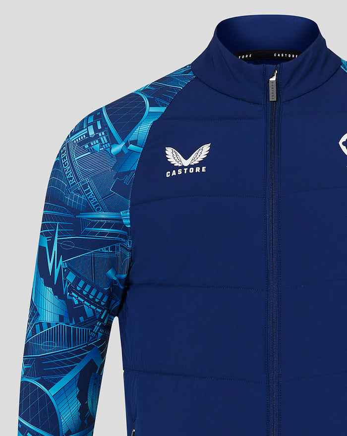 Navy Rangers City Print Hybrid Jacket chest area with crest on left and Castore branding on right