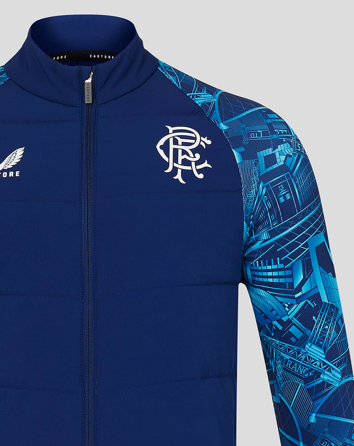 Rangers City Print Hybrid Jacket front view with crest on chest and blue graphic sleeves