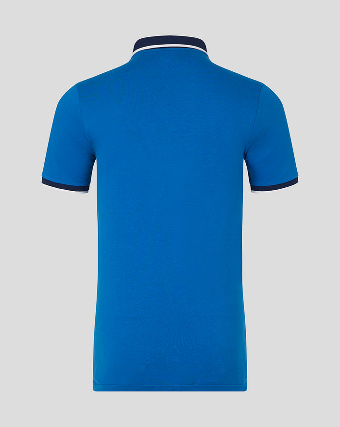 Back view of blue Mens 23/24 Iconic Ibrox Polo Shirt with a navy collar and navy sleeve cuffs with white trim.