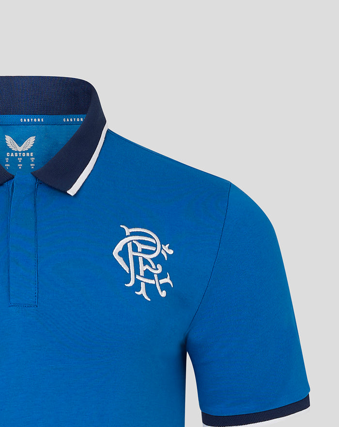 Blue Mens Iconic Ibrox Polo Shirt chest view with embroidered Rangers crest left chest and Castore logo right chest