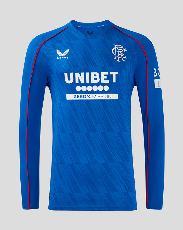 Front view of blue Rangers Pro Home Long Sleeve shirt with UNIBET sponsor and Rangers crest