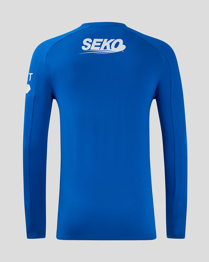 Back view of blue long sleeve training shirt with SEKO logo across the upper back