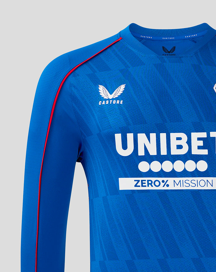 Blue Rangers Pro Home Long Sleeve shirt with Rangers crest Castore logo and UNIBET sponsor on patterned front.