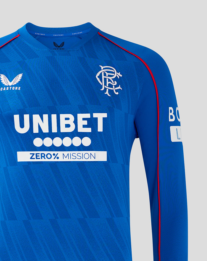 Front view close up of blue Rangers Pro Home Long Sleeve shirt showing UNIBET sponsor and team crest