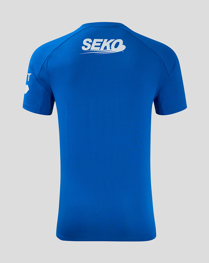 Back view of blue Rangers shirt showing SEKO logo on the upper back
