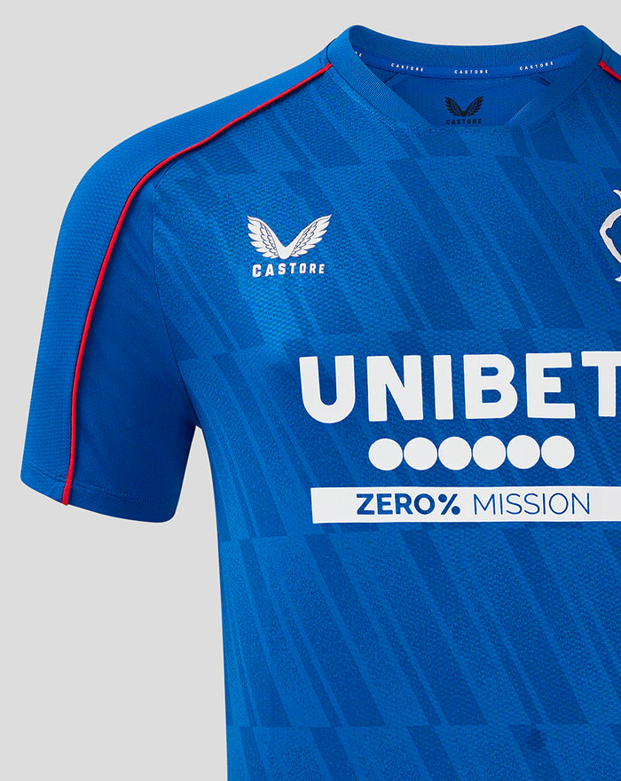 Front view of blue Rangers women's pro home shirt featuring UNIBET sponsor and team crest