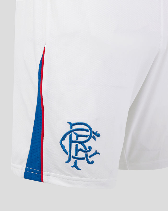 Close up of white Rangers 24/25 Pro Home Short showing blue and red side piping and crest