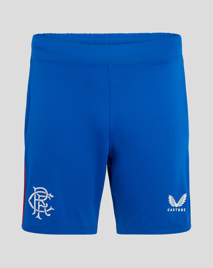 Close up of blue women's pro home alternate shorts with Castore logo