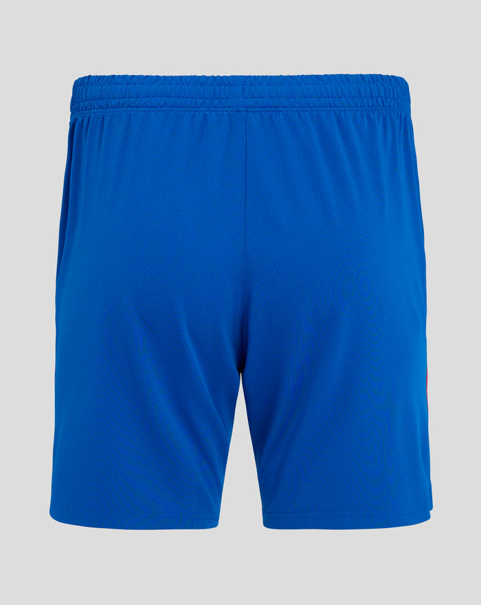 Close up of blue women's Pro Home Alternate Short waistband with elastic and textured fabric.