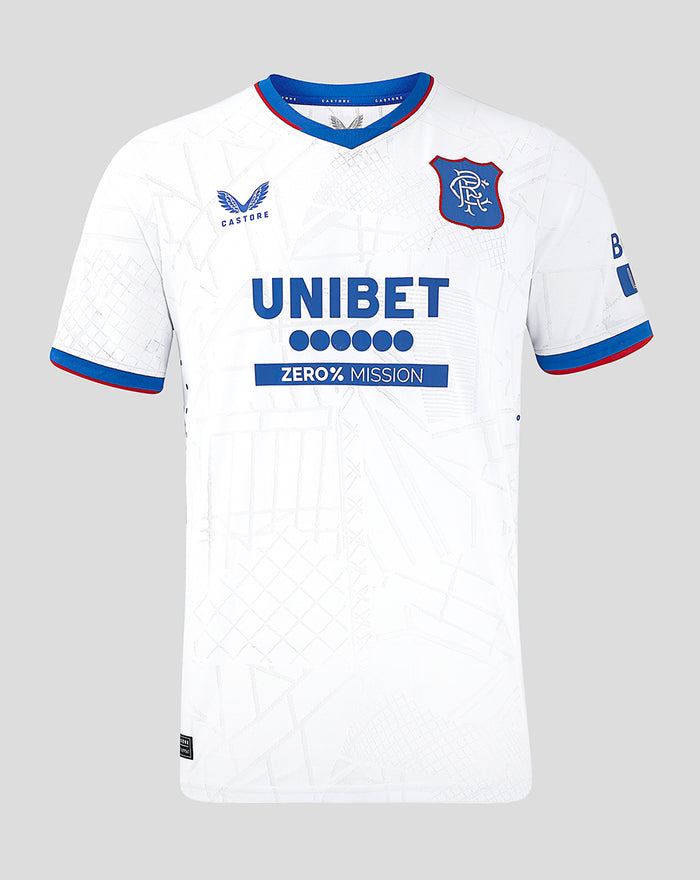 White Rangers pro away shirt with blue crest and UNIBET sponsor across front