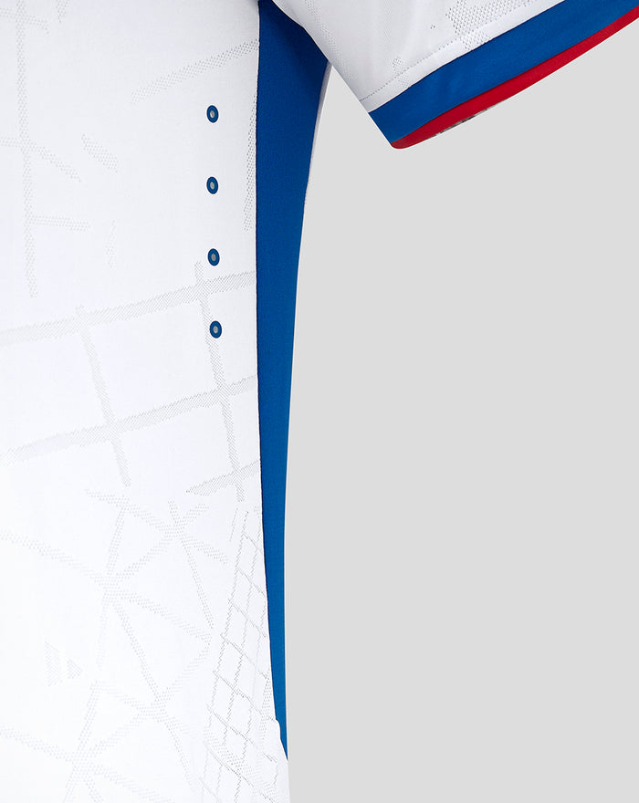 Side seam close-up showing blue side panel and vent eyelets on the Rangers Pro Away shirt.
