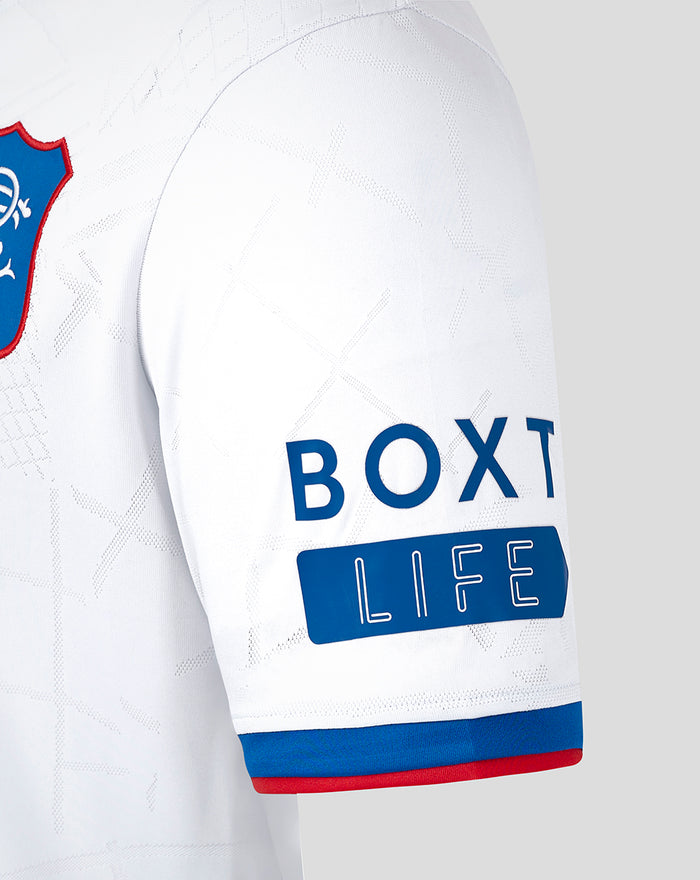 Sleeve close-up with Box Life branding on the white Rangers Pro Away jersey.