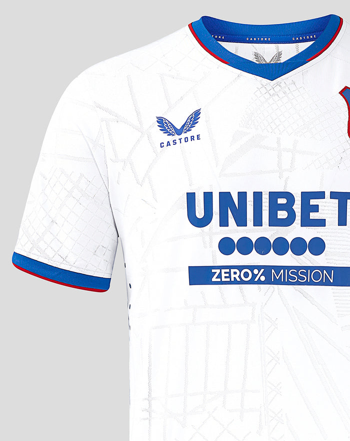 Rangers Pro Away white football shirt with blue collar, crest left chest, Castore logo right chest and UNIBET across front.