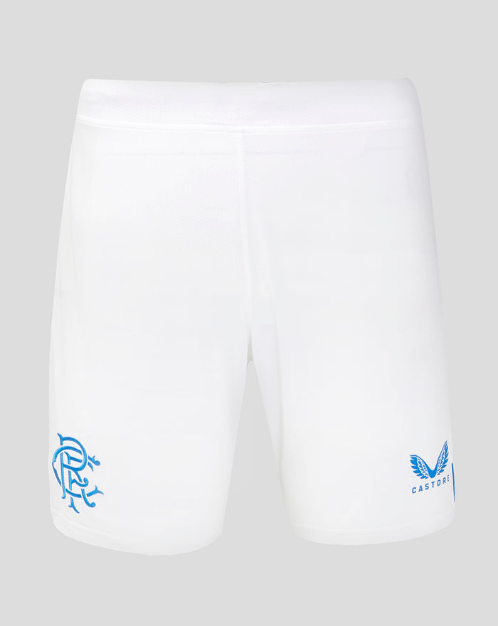 Front view of white junior Rangers away alternate shorts with blue crest on left thigh and Castore logo on right thigh