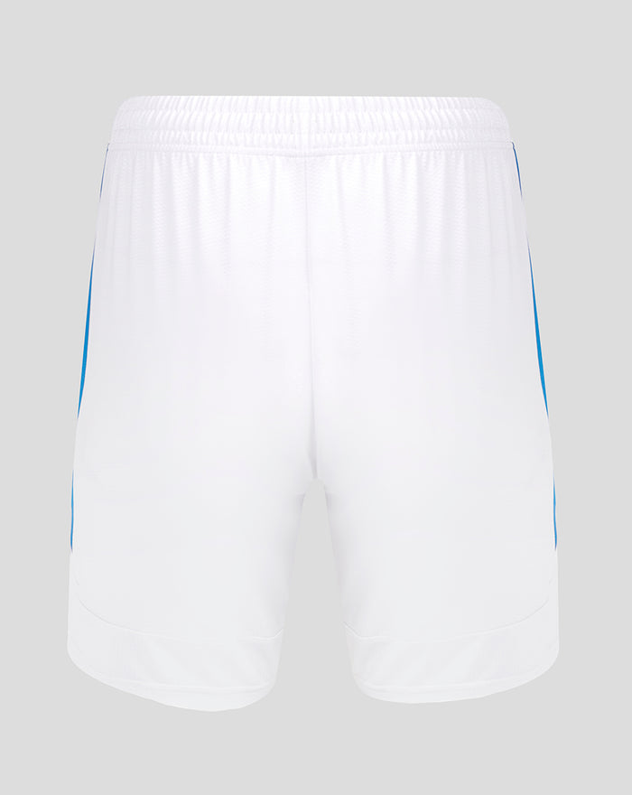 Back view of white Rangers away shorts with blue side panels and an elastic waistband