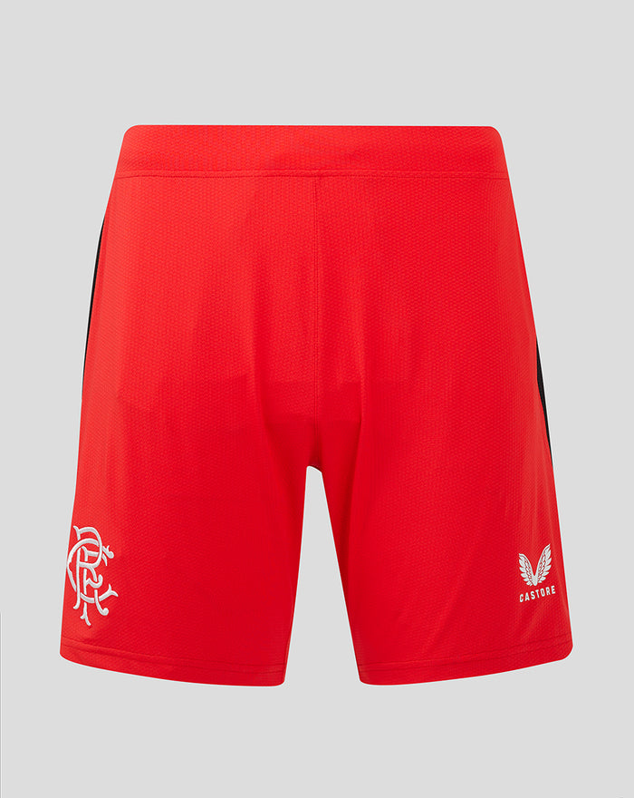 Rear view of bright red men's athletic shorts with a black side stripe.