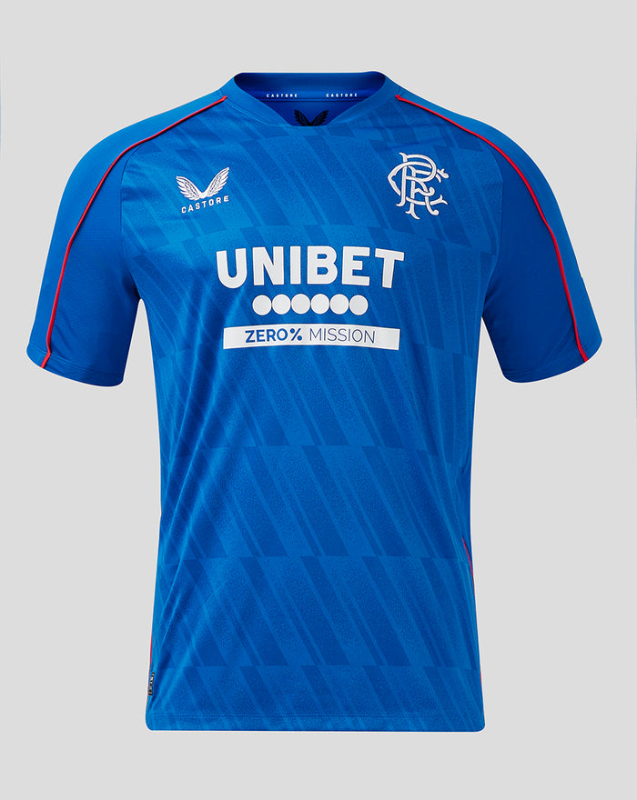 Front view of blue Rangers Home Short Sleeve shirt with V-neck collar and UNIBET sponsor.