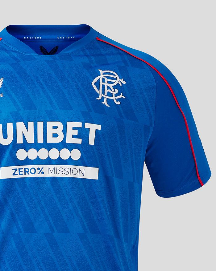 Rangers home blue short sleeve football shirt with crest on the left chest and UNIBET sponsor across the front