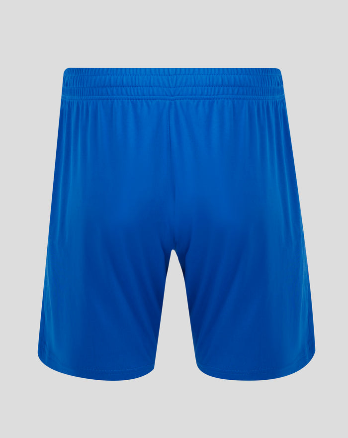 Blue men's home alternate shorts with an elastic waistband, close up of the waist and upper legs.